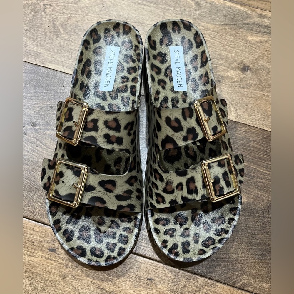 NWOT Steve Madden Evanne Animal Print Slides 1.25” Platform Brown Black Size 8 - Picture 5 of 8